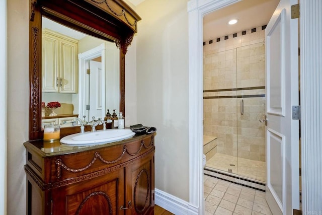 31350 Lake Vista Cir, Bonsall, CA 92003 - bathroom with a shower stall, vanity, toilet, recessed lighting, and tile patterned floors