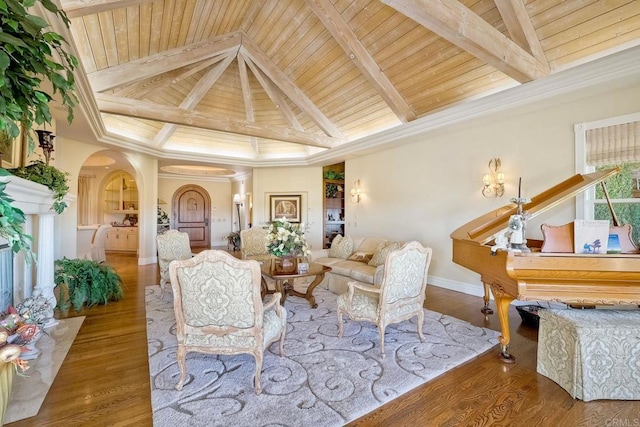 31350 Lake Vista Cir, Bonsall, CA 92003 - living area featuring wood ceiling, high vaulted ceiling, beam ceiling, arched walkways, and baseboards