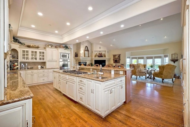 31350 Lake Vista Cir, Bonsall, CA 92003 - kitchen with open floor plan, stainless steel appliances, a sink, a fireplace, and light wood-style flooring