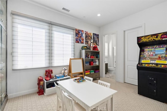 game room featuring baseboards, recessed lighting, visible vents, and light colored carpet