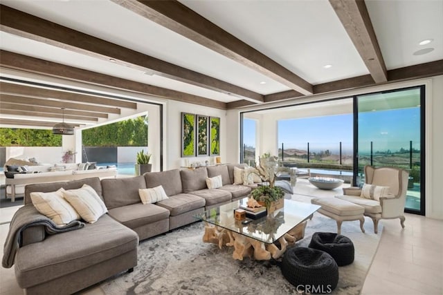 living area with a healthy amount of sunlight and beam ceiling