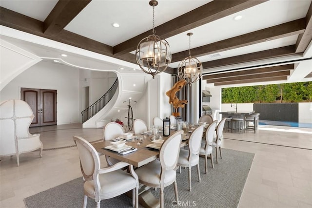 dining area featuring recessed lighting, stairway, a notable chandelier, and beamed ceiling