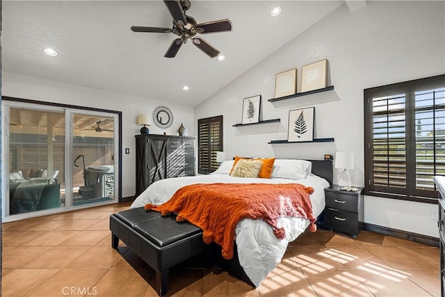 tiled bedroom featuring high vaulted ceiling, ceiling fan, access to outside, and multiple windows