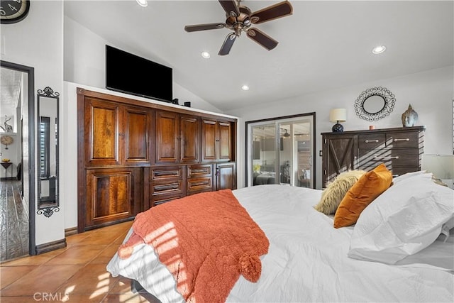 bedroom featuring ceiling fan, access to exterior, light tile patterned floors, and lofted ceiling