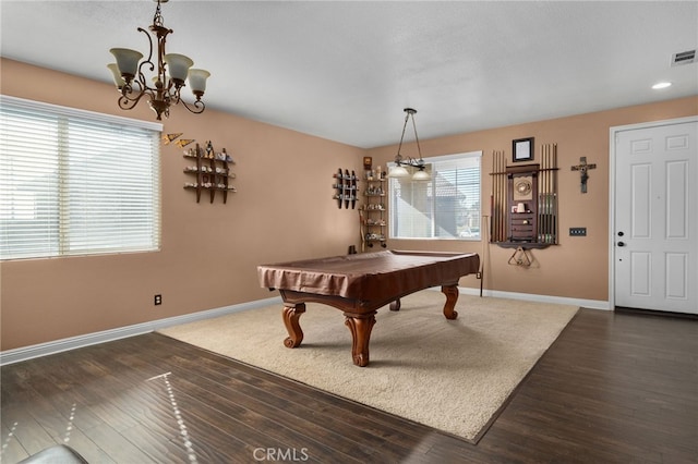 rec room featuring dark hardwood / wood-style floors and billiards