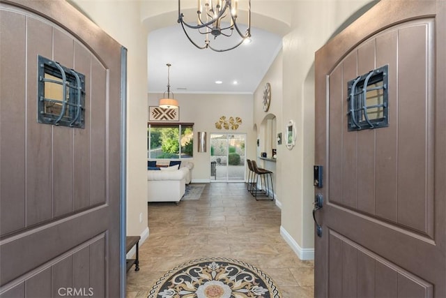 45600 La Cruz Dr, Temecula, CA 92590 - foyer with a chandelier, ornamental molding, and recessed lighting
