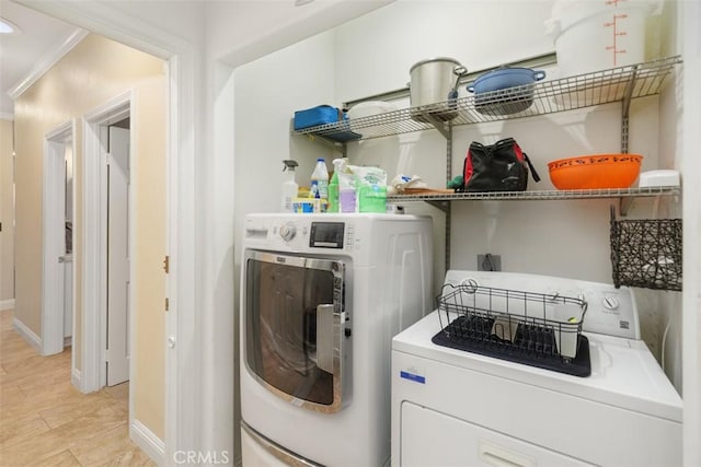 45600 La Cruz Dr, Temecula, CA 92590 - laundry area with washing machine and dryer and crown molding