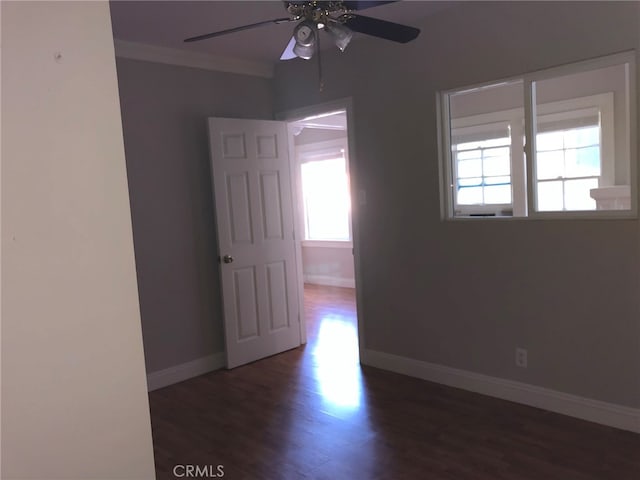 empty room featuring crown molding, dark hardwood / wood-style floors, and ceiling fan