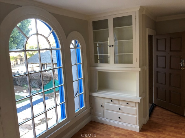 details with hardwood / wood-style flooring and ornamental molding