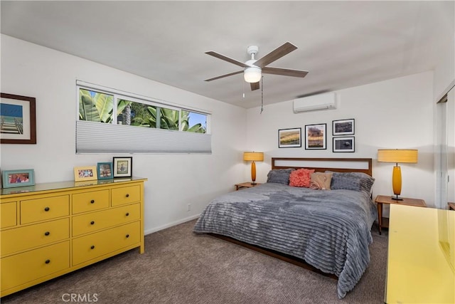 carpeted bedroom featuring ceiling fan and a wall mounted air conditioner