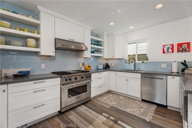 kitchen featuring white cabinets, appliances with stainless steel finishes, dark hardwood / wood-style floors, and sink