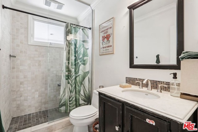 bathroom featuring vanity, toilet, crown molding, and walk in shower