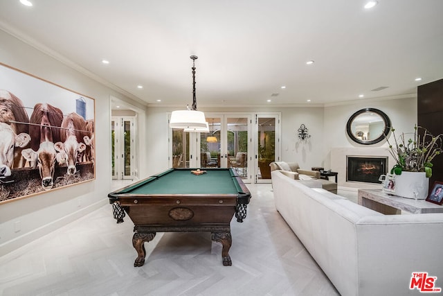 playroom featuring french doors, light parquet flooring, ornamental molding, and billiards