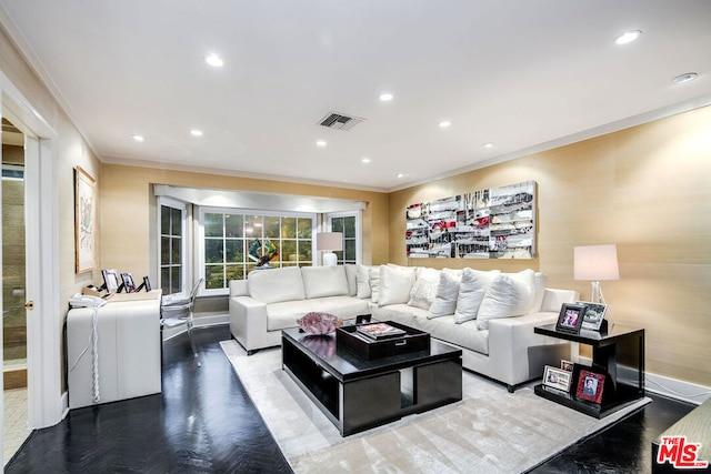 living room with crown molding