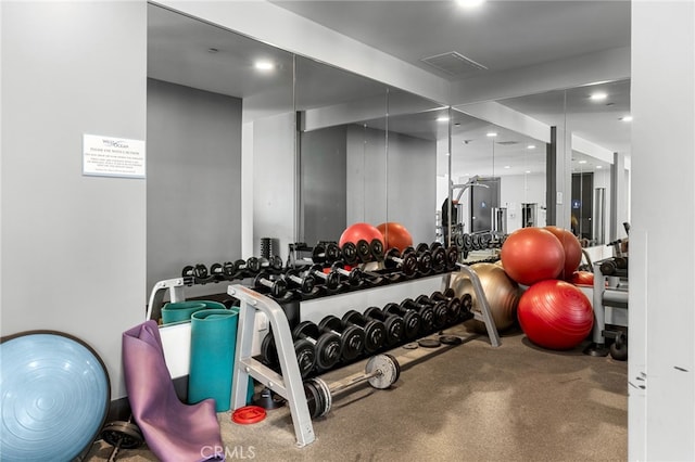 exercise area featuring carpet flooring