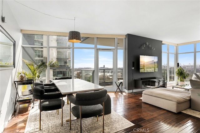 living room featuring dark wood-type flooring and floor to ceiling windows