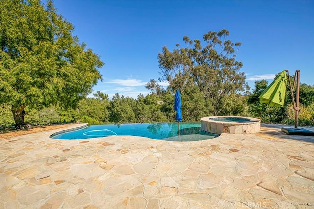 view of swimming pool featuring an in ground hot tub and a patio area