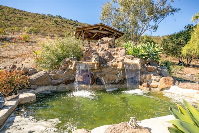 view of yard featuring a garden pond