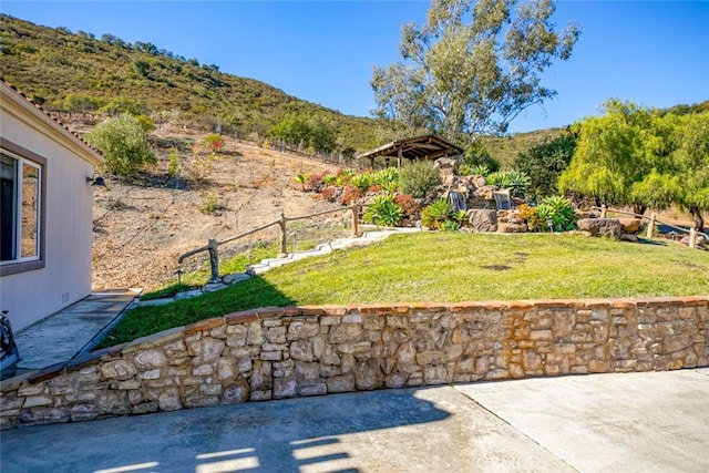 view of yard with a patio area and a mountain view