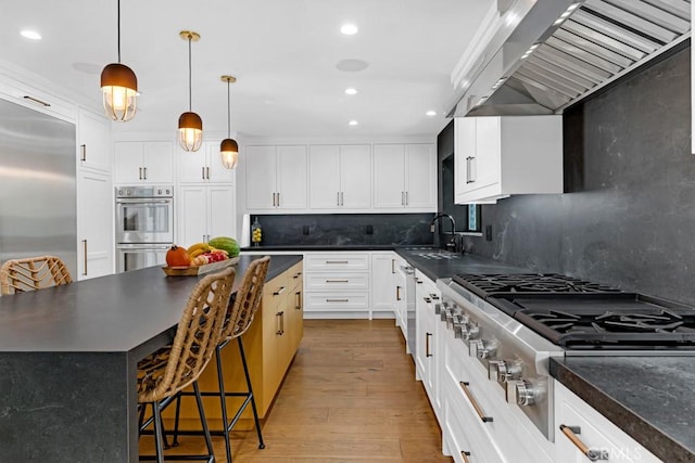 kitchen with decorative backsplash, light wood-type flooring, white cabinetry, stainless steel appliances, and extractor fan