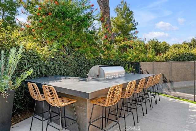 view of patio / terrace with grilling area, an outdoor bar, and an outdoor kitchen