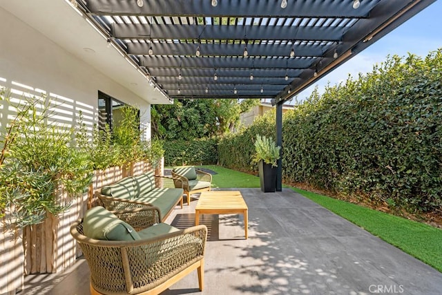 view of patio with a pergola and an outdoor hangout area