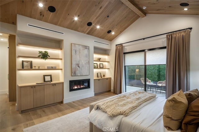 bedroom with light hardwood / wood-style floors, access to outside, beam ceiling, and wooden ceiling