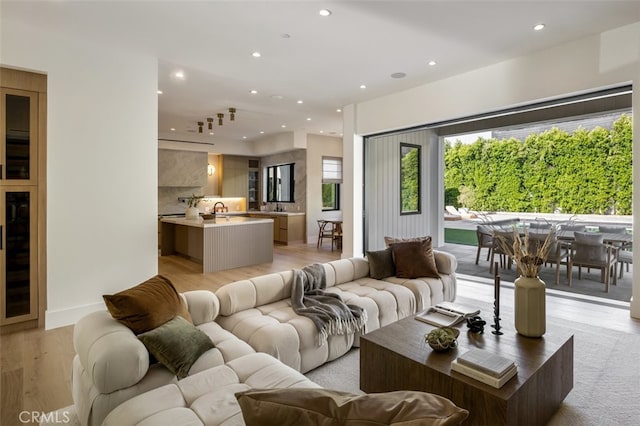 living room featuring light hardwood / wood-style flooring and sink