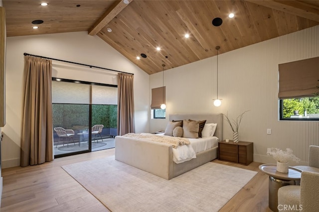 bedroom featuring access to exterior, high vaulted ceiling, wooden ceiling, light hardwood / wood-style flooring, and beamed ceiling