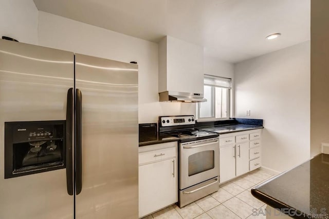 kitchen with ventilation hood, light tile patterned floors, white cabinetry, and appliances with stainless steel finishes