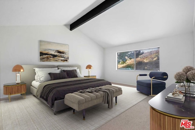 bedroom with vaulted ceiling with beams and light carpet