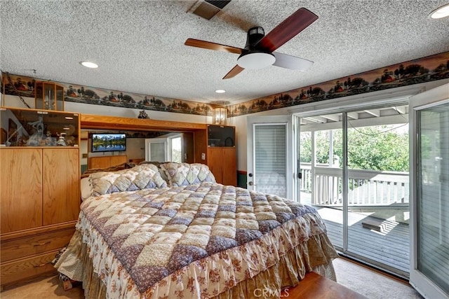 bedroom featuring ceiling fan, access to exterior, a textured ceiling, and light wood-type flooring