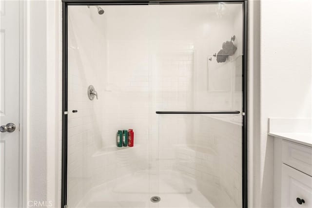 bathroom featuring vanity and a shower with shower door