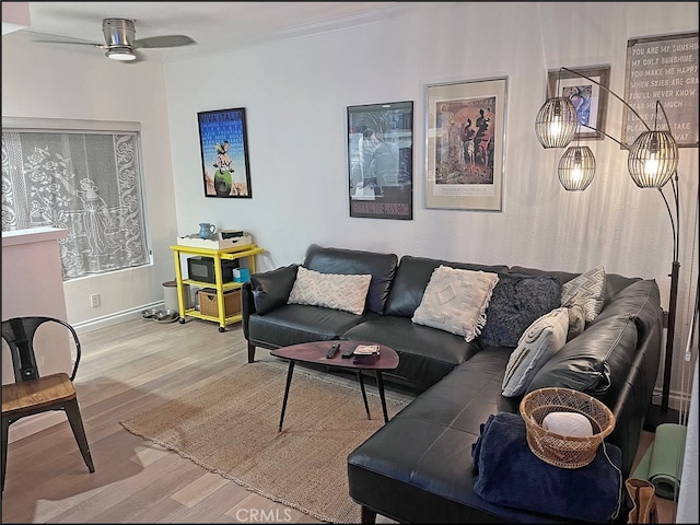 living room with hardwood / wood-style floors, ceiling fan, and crown molding