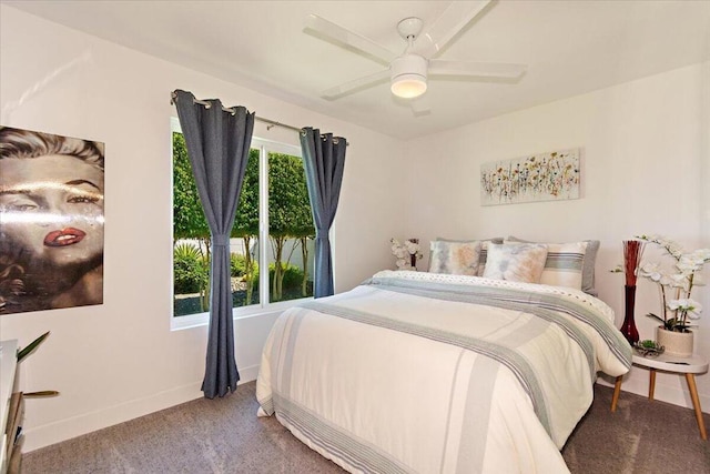 bedroom with ceiling fan and carpet flooring