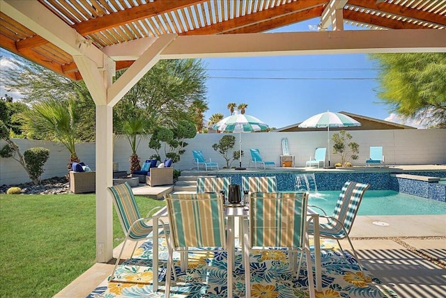 exterior space with an outdoor living space, a pergola, a lawn, and pool water feature