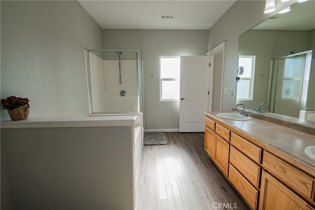 bathroom with a shower with door, vanity, and hardwood / wood-style flooring