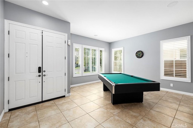 recreation room with light tile patterned flooring and pool table