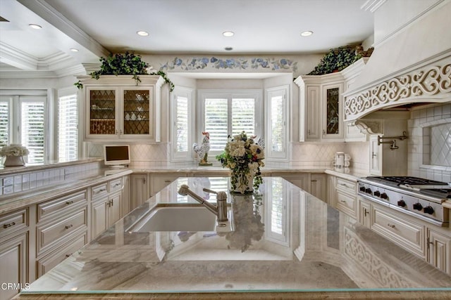 kitchen with decorative backsplash, sink, crown molding, and stainless steel gas stovetop