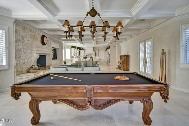 recreation room featuring a wealth of natural light, beamed ceiling, and billiards