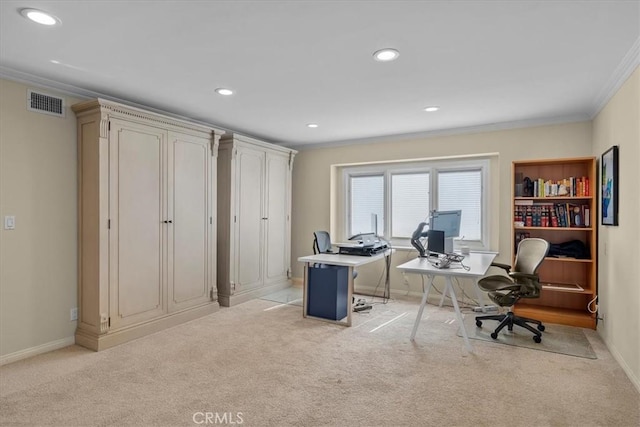 home office featuring light carpet and crown molding