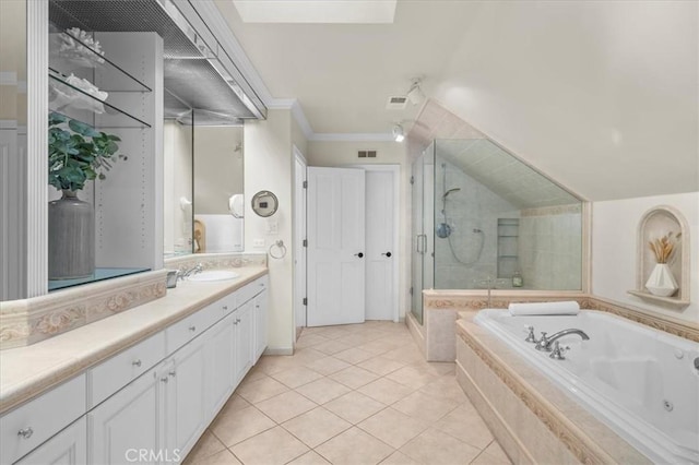 bathroom featuring tile patterned floors, vanity, separate shower and tub, and crown molding