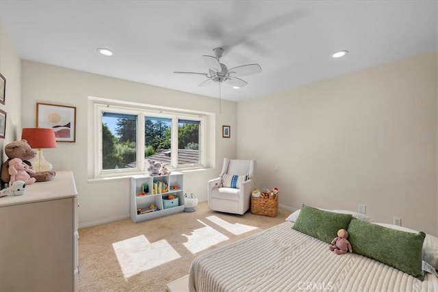 carpeted bedroom with ceiling fan