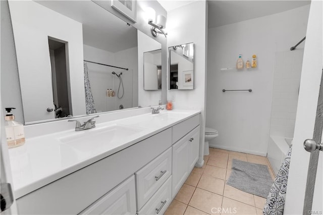 full bathroom with vanity, shower / bath combo, toilet, and tile patterned flooring