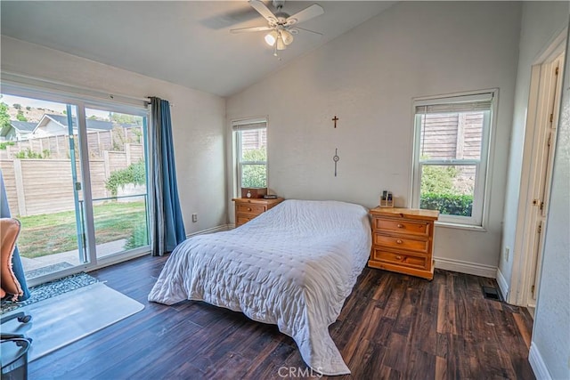 bedroom featuring access to outside, visible vents, vaulted ceiling, baseboards, and wood finished floors