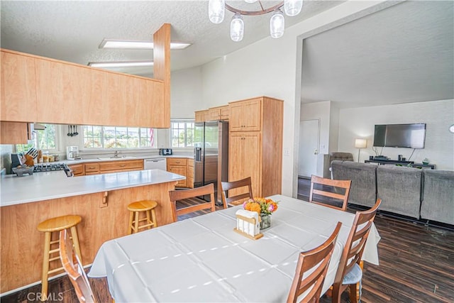 dining room with dark wood-style floors and a textured ceiling