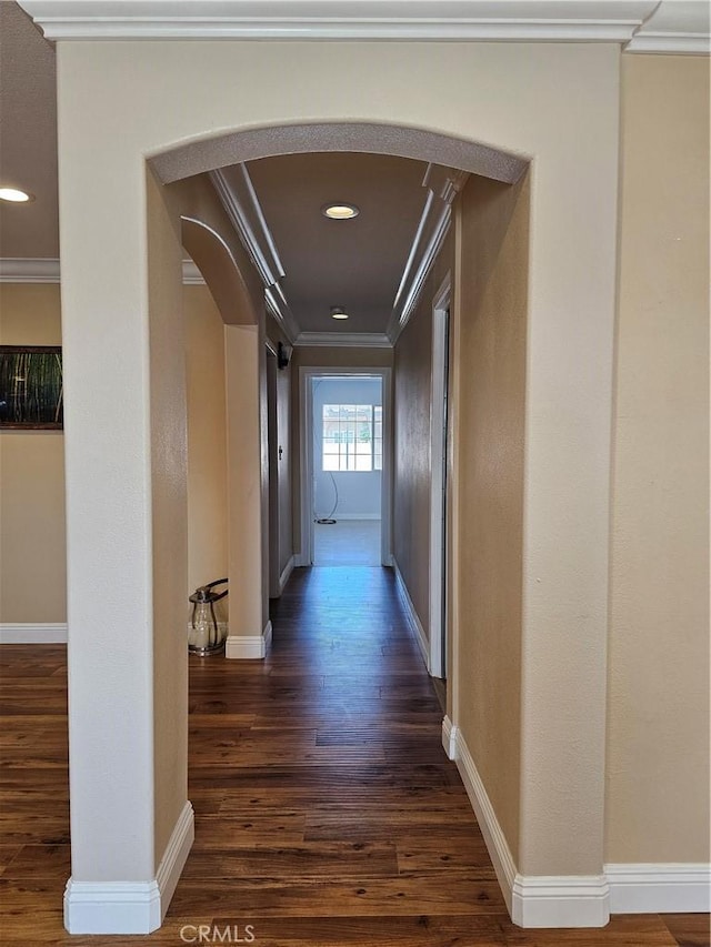 11881 Old Fashion Way, Garden Grove, CA 92840 - hall with arched walkways, ornamental molding, dark wood finished floors, and recessed lighting