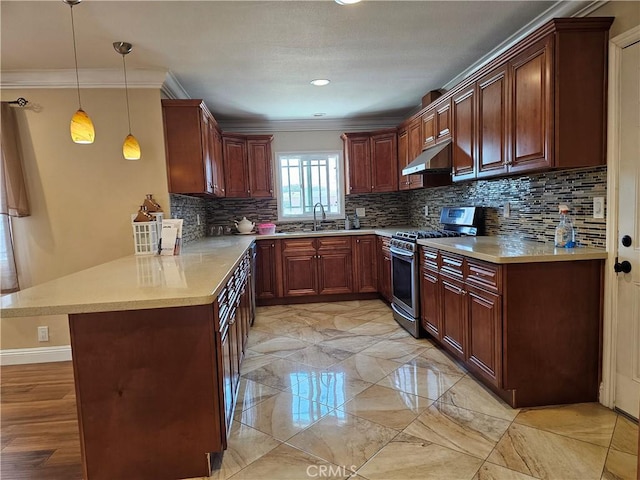 11881 Old Fashion Way, Garden Grove, CA 92840 - kitchen featuring stainless steel gas range, a peninsula, under cabinet range hood, ornamental molding, and backsplash