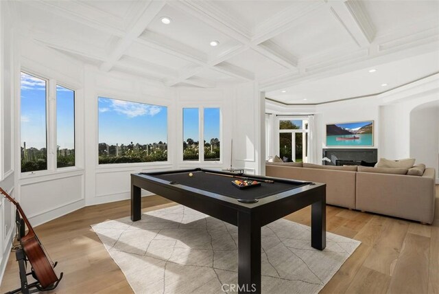 playroom featuring a wealth of natural light, billiards, and light wood-type flooring