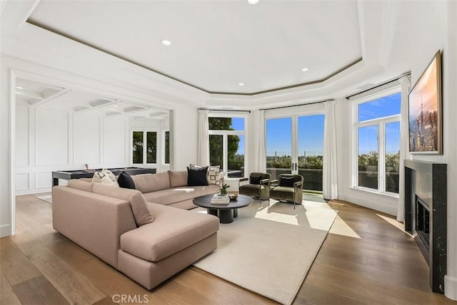 living room with plenty of natural light, wood-type flooring, a fireplace, and a tray ceiling